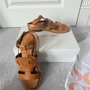See By Chloé Tan Leather Flower Buckle Sandals